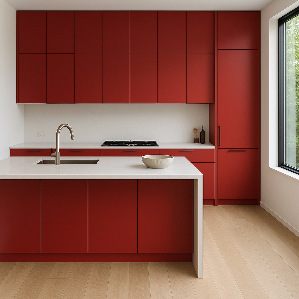 Transitional kitchen design with Sherwin-Williams Rembrandt Ruby SW0033 cabinets