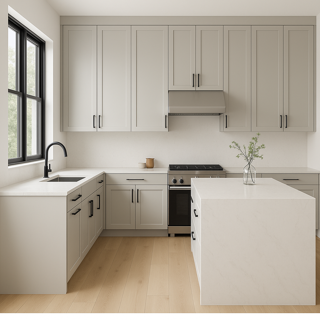 Transitional kitchen design with Sherwin-Williams Silverpointe SW7653 cabinets