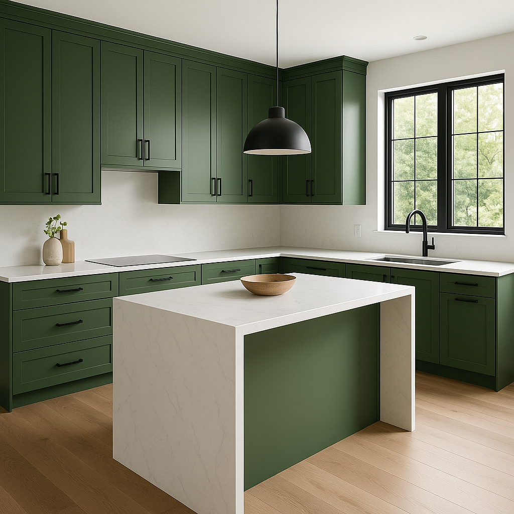 Transitional kitchen design with Sherwin-Williams Arugula SW6446 cabinets