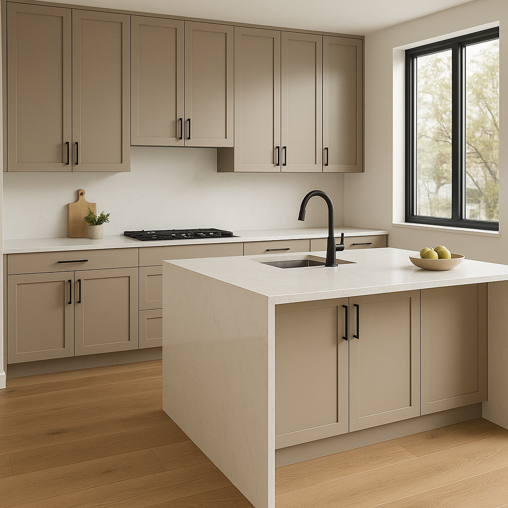 Transitional kitchen design with Sherwin-Williams Foothills SW7514 cabinets