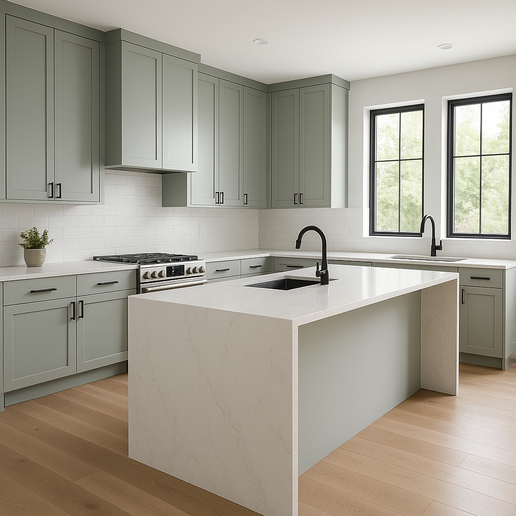 Transitional kitchen design with Sherwin-Williams Silver Strand SW7057 cabinets