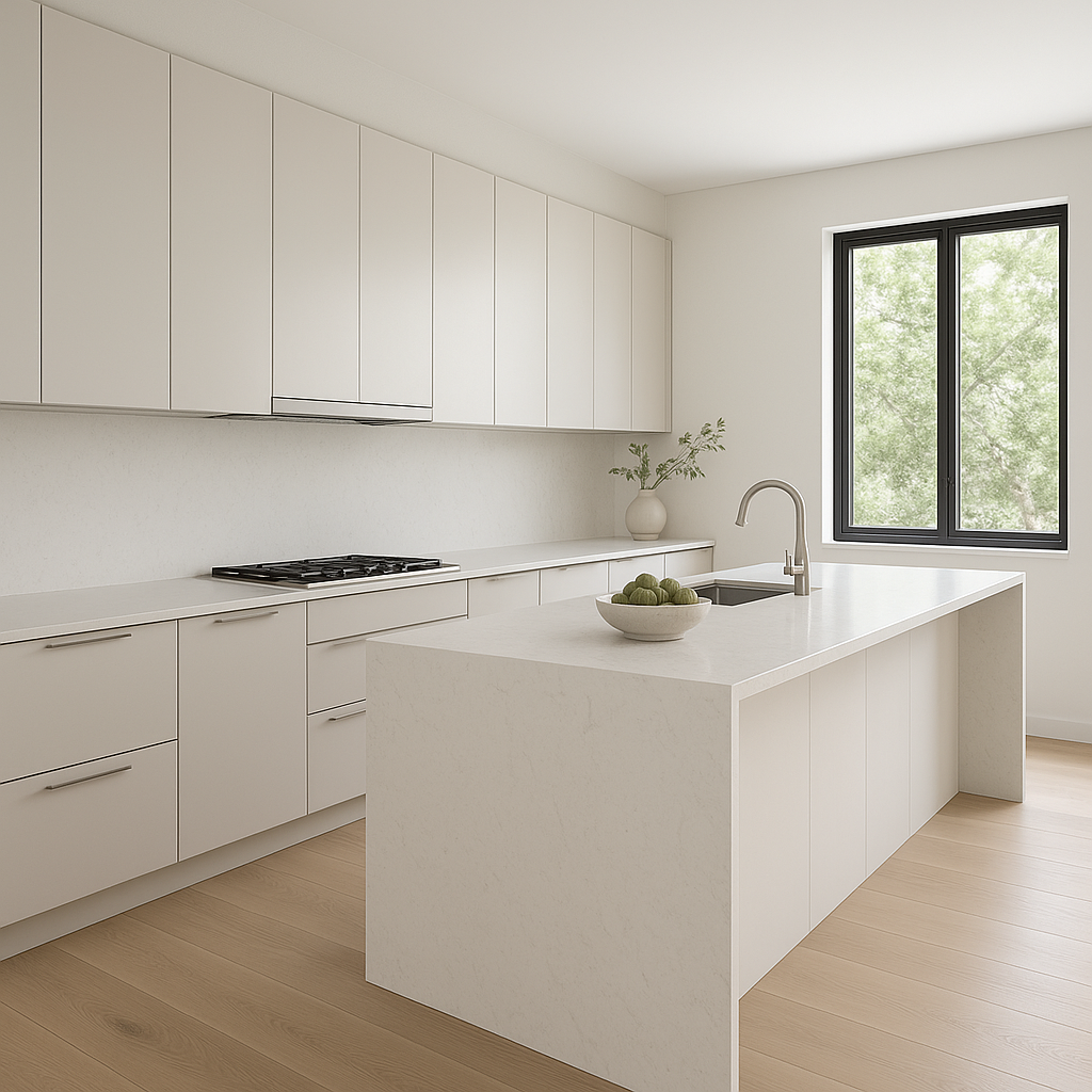 Transitional kitchen design with Sherwin-Williams Drift of Mist SW9166 cabinets