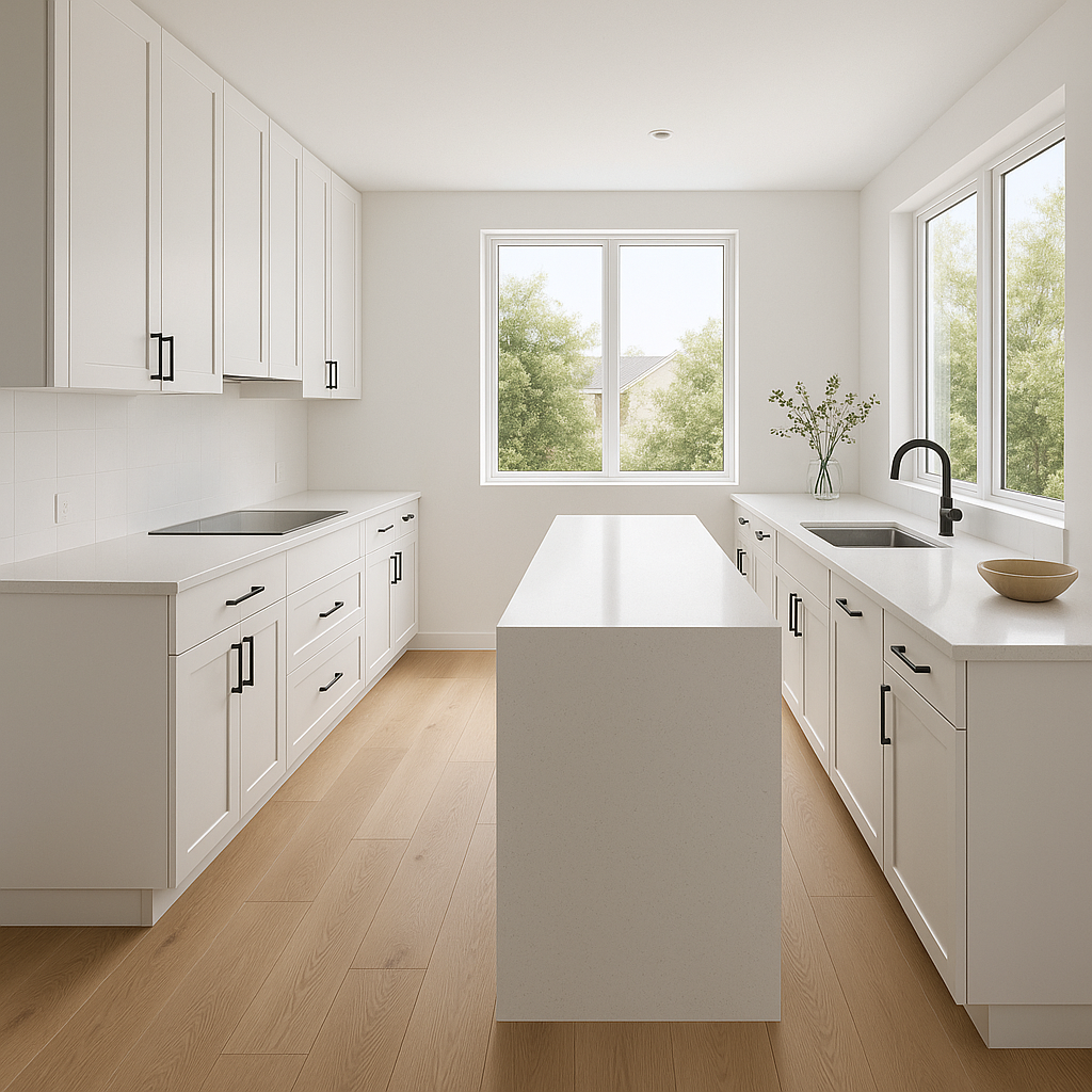Transitional kitchen design with Sherwin-Williams High Reflective White SW7757 cabinets