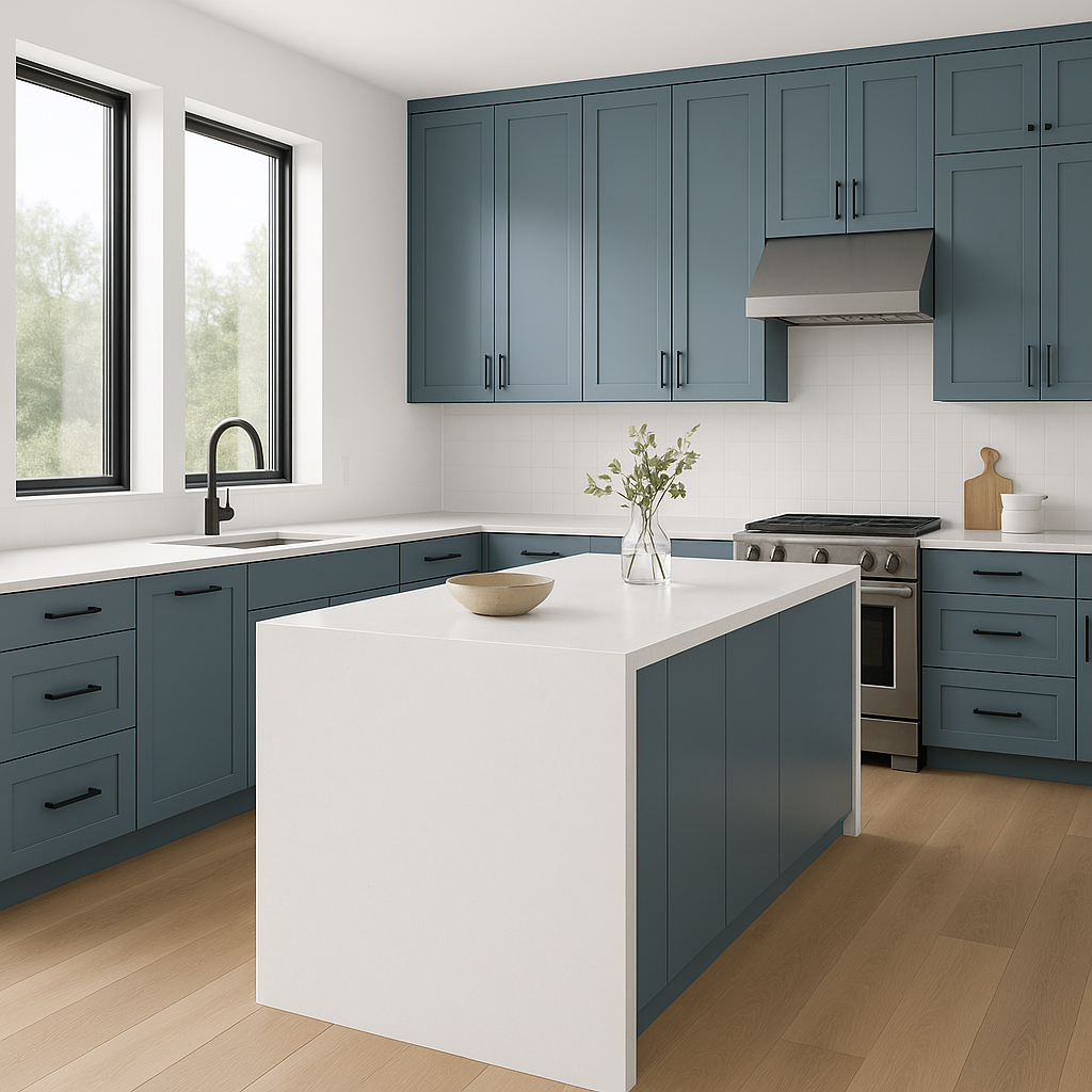 Transitional kitchen design with Sherwin-Williams Endless Sea SW 9150 cabinets