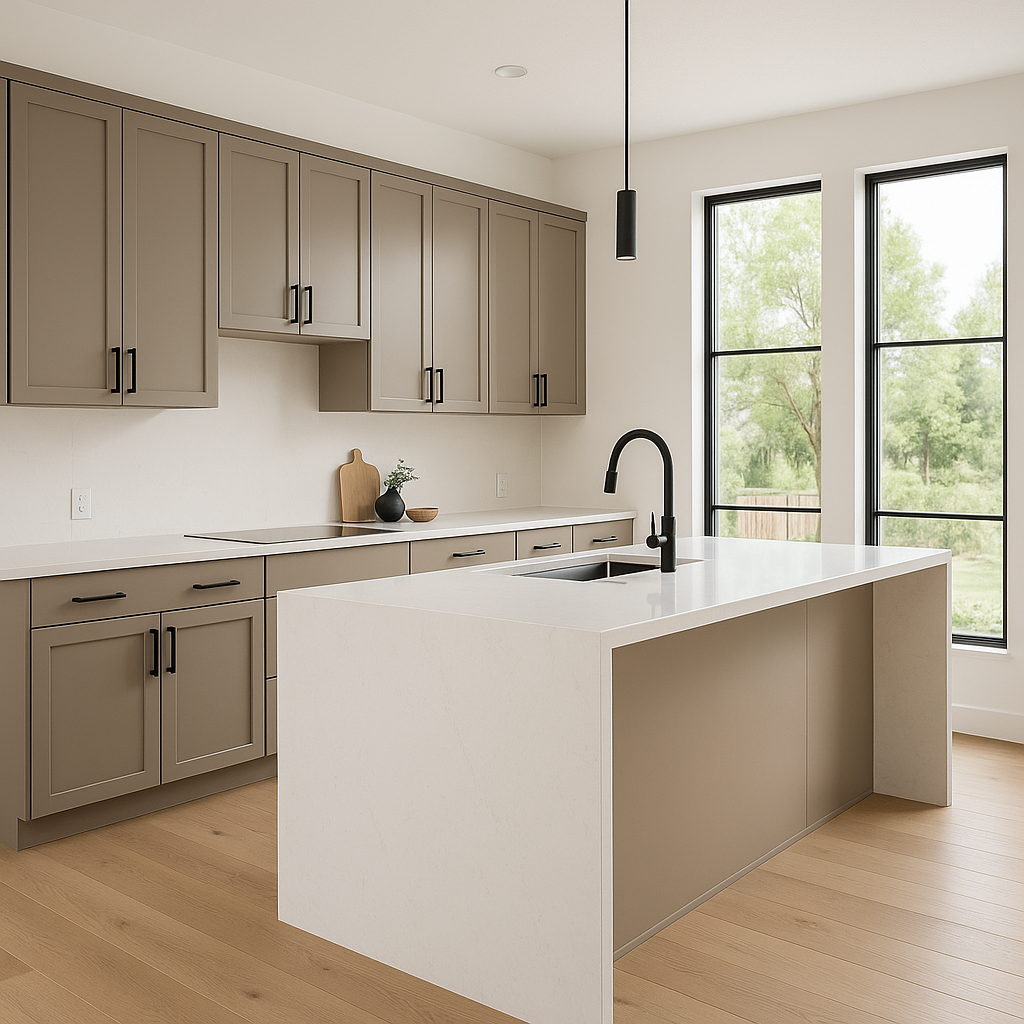 Transitional kitchen design with Sherwin-Williams Outerbanks SW7534 cabinets