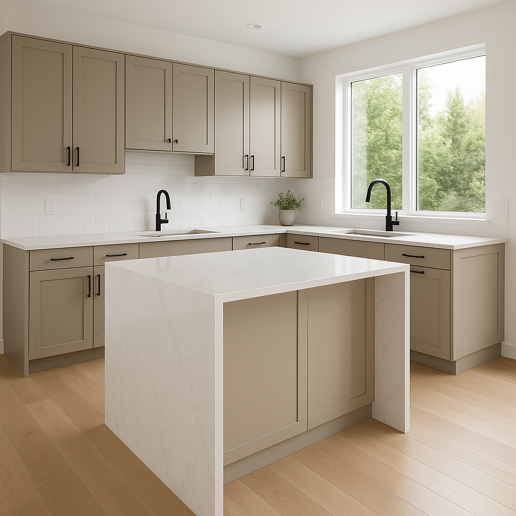Transitional kitchen design with Sherwin-Williams Stone Lion SW7507 cabinets