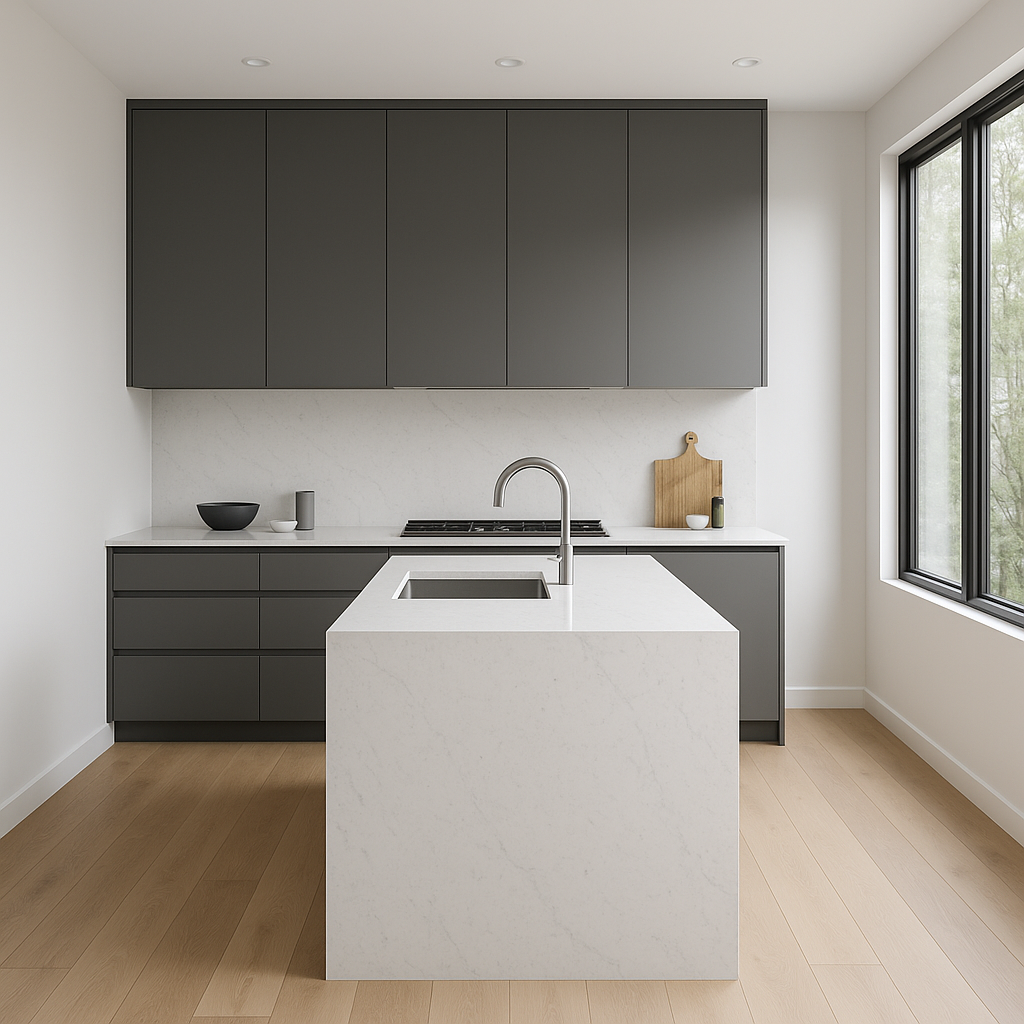 Transitional kitchen design with Sherwin-Williams Cityscape SW7067 cabinets