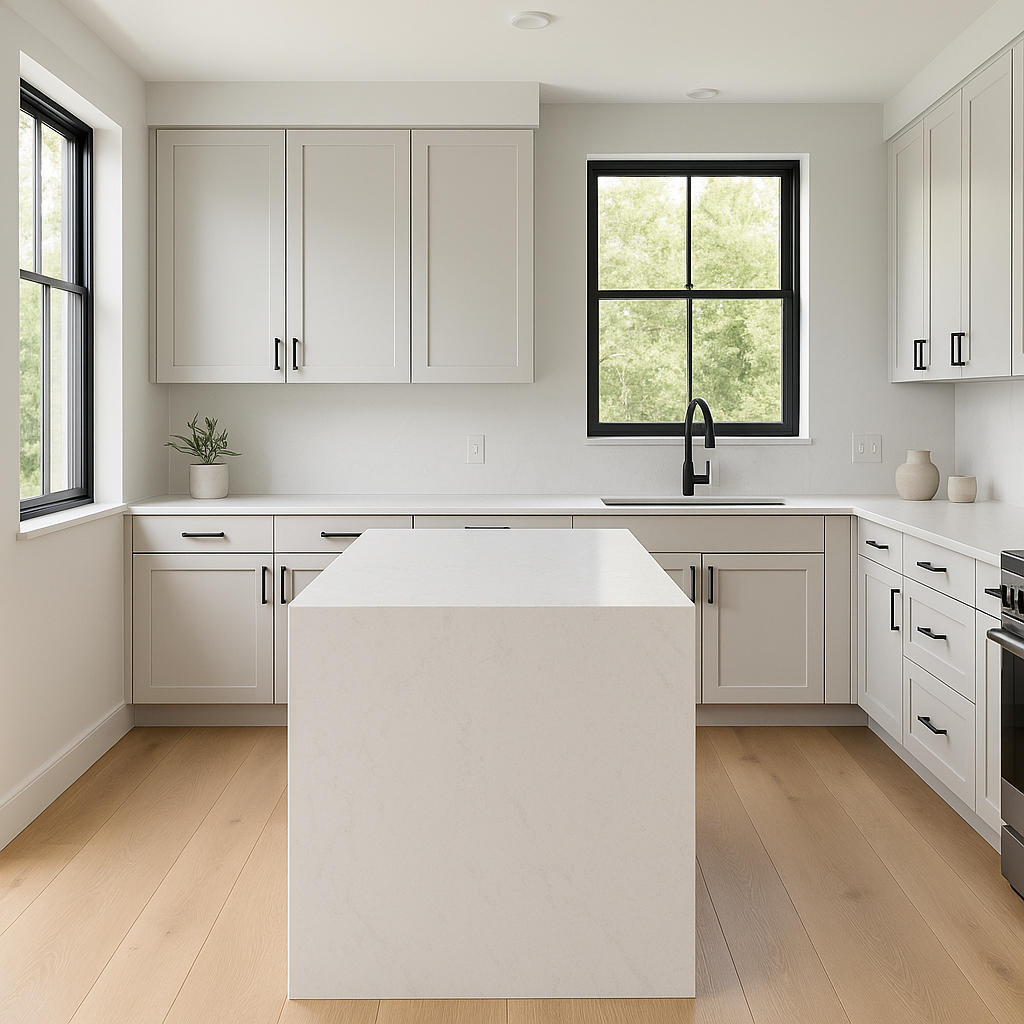 Transitional kitchen design with Sherwin-Williams On the Rocks SW7671 cabinets