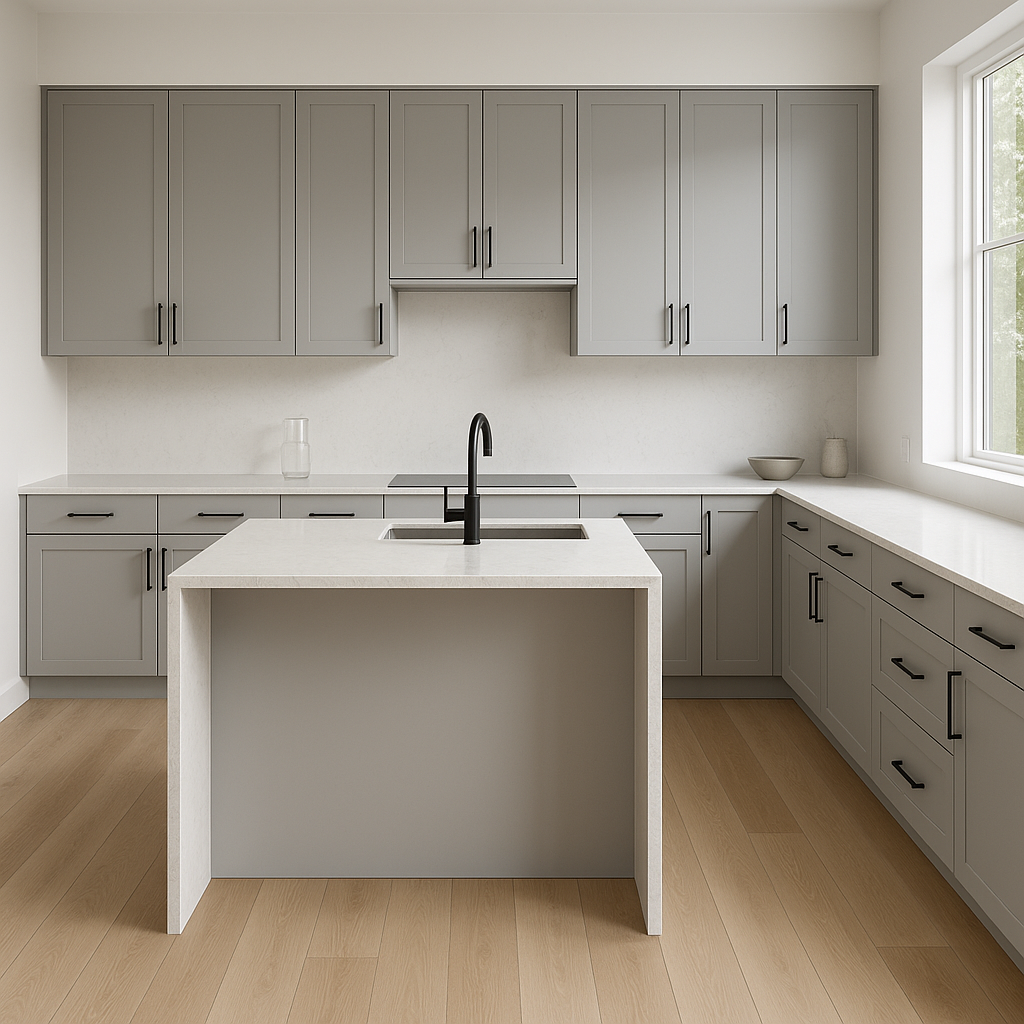 Transitional kitchen design with Sherwin-Williams Passive SW7064 cabinets