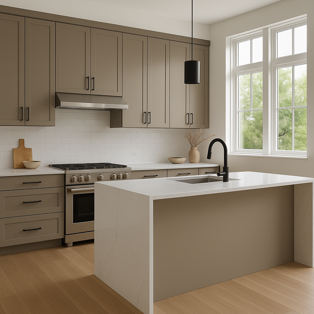 Transitional kitchen design with Sherwin-Williams Moth Wing SW9174 cabinets