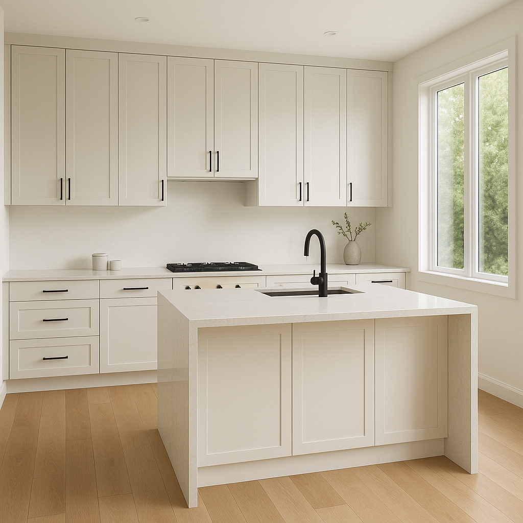 Transitional kitchen design with Sherwin-Williams Pearly White SW7009 cabinets