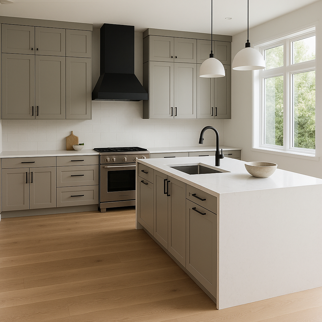 Transitional kitchen design with Sherwin-Williams Colonnade Gray SW7641 cabinets