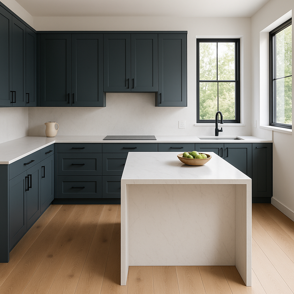 Transitional kitchen design with Sherwin-Williams Waterloo SW9141 cabinets