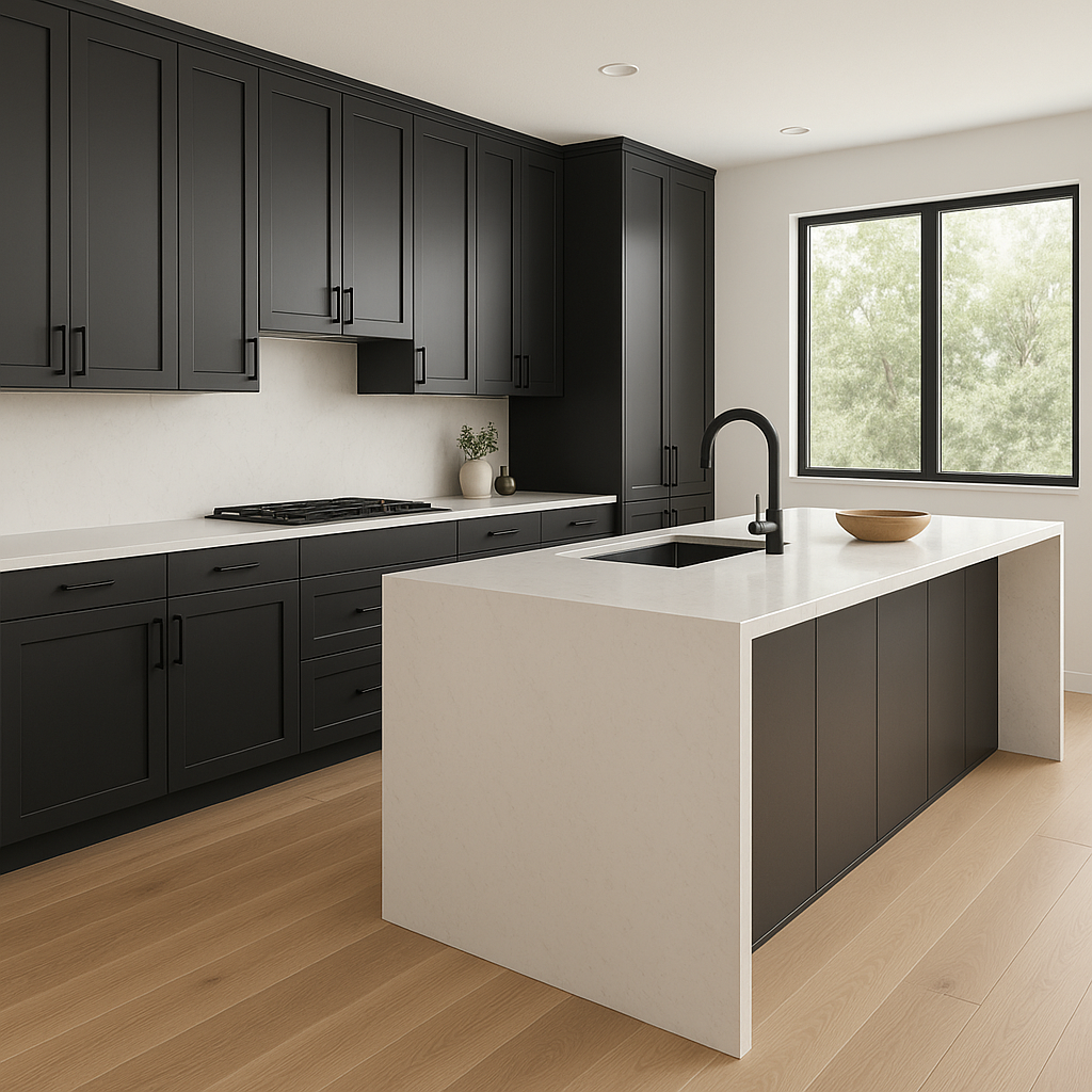 Transitional kitchen design with Sherwin-Williams Domino SW6989 cabinets