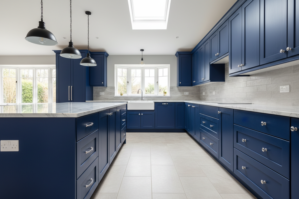 Transitional kitchen design with Sherwin-Williams Hyper Blue SW6965 cabinets