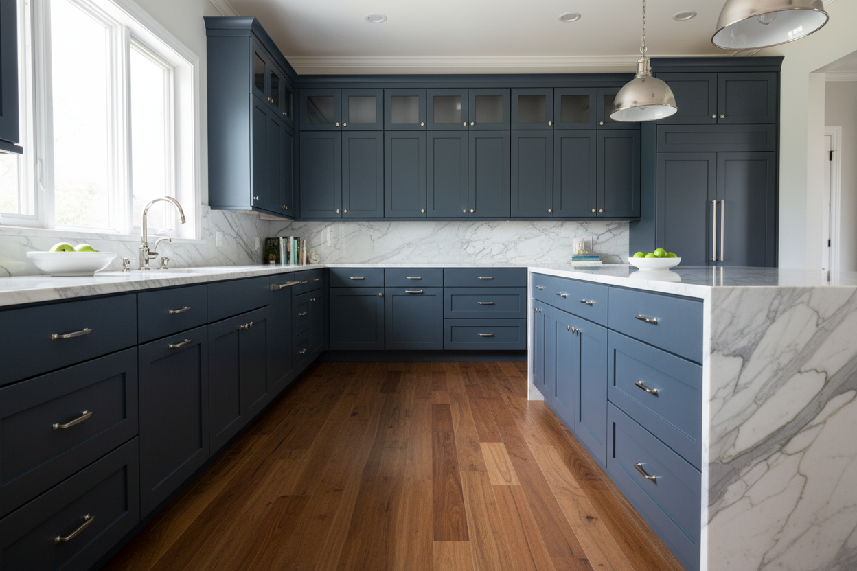 Shaker cabinets in Gale Force (SW 7605); matching five-piece Shaker drawer fronts; crisp recessed panels. Maintain the correct stormy navy hue with gray undertones; prevent oversaturation or bright blue shift. Marble countertops, polished-nickel pulls, hickory flooring, neutral daylight, cinematic 8k.