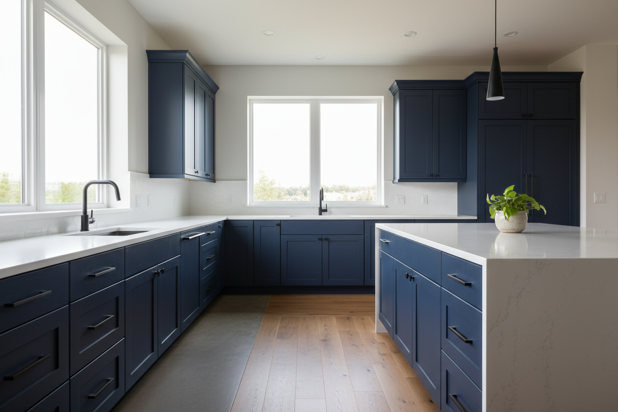 Transitional kitchen design with Sherwin-Williams Naval SW6244 cabinets