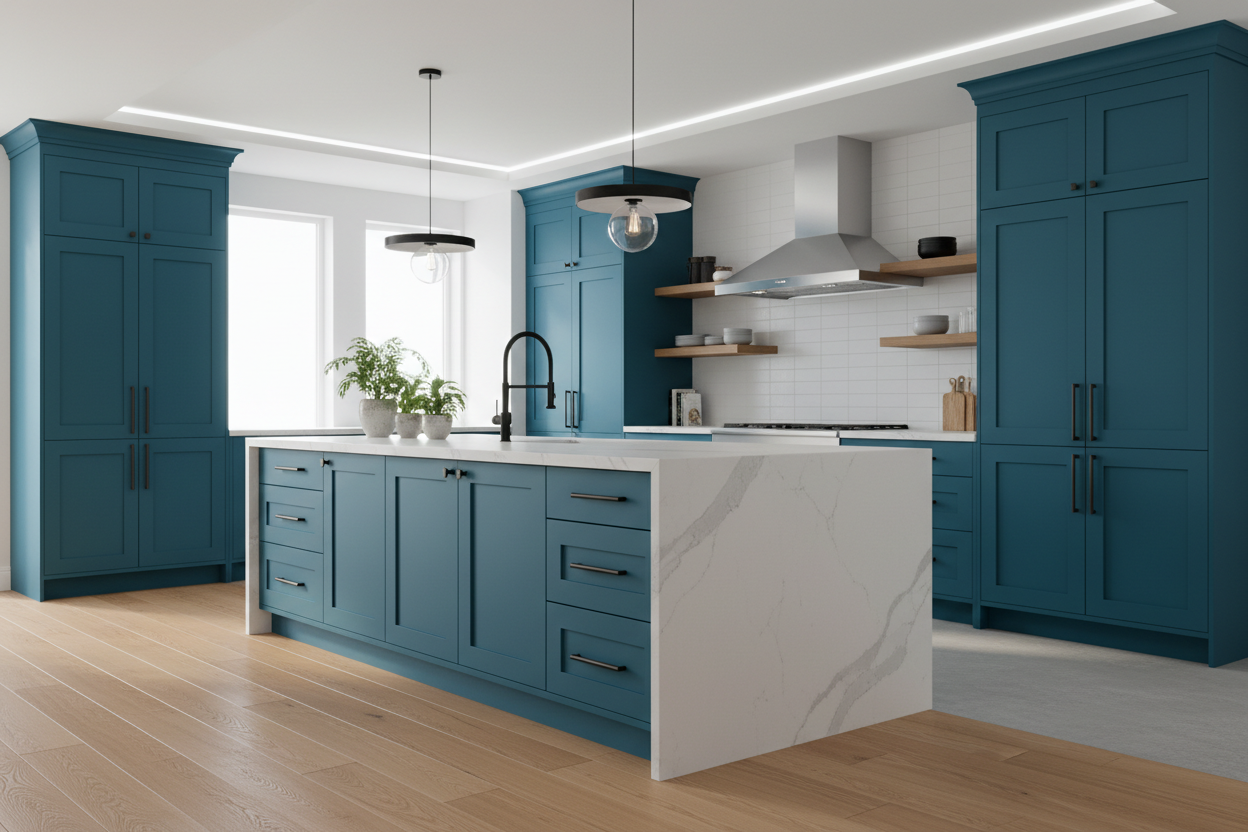 Transitional kitchen design with Sherwin-Williams Blue Peacock SW0064 cabinets