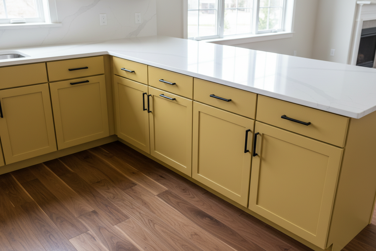Transitional kitchen design with Sherwin-Williams Bosc Pear SW6390 cabinets