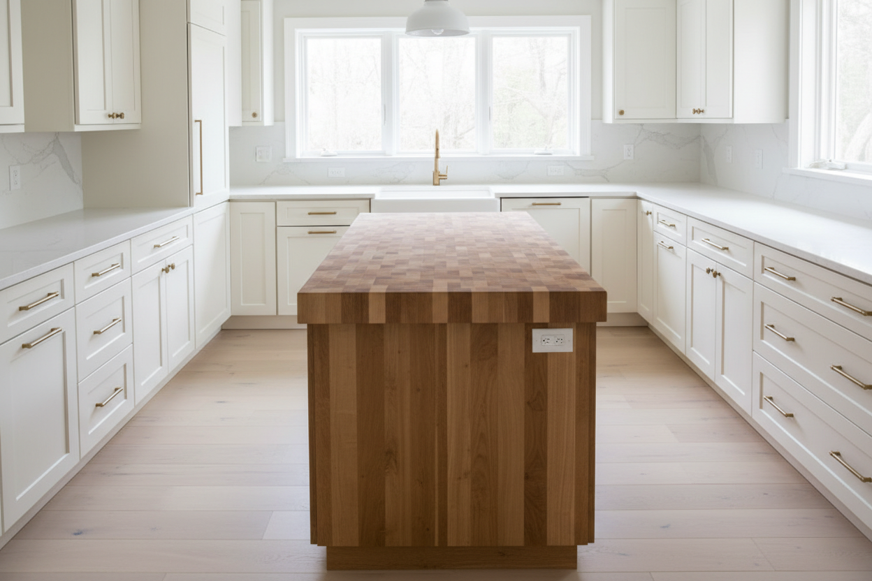 Shaker kitchen cabinets painted Sherwin-Williams® Ivory Lace (SW 7013); five-piece recessed Shaker drawer fronts on every drawer including the top; white quartz countertops; butcher-block island; brushed-brass hardware; white-oak floors; soft natural daylight; 8k photorealistic.