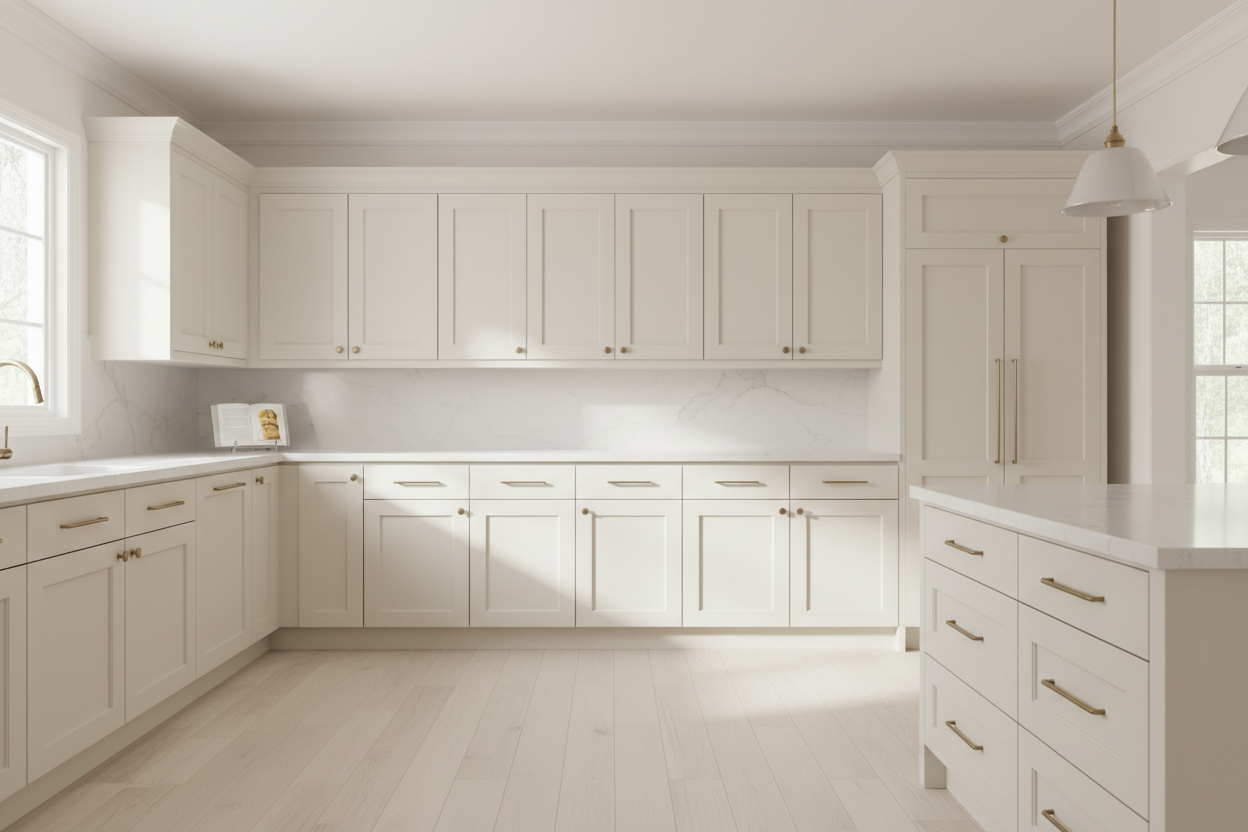 Transitional kitchen design with Sherwin-Williams Shoji White SW7042 cabinets