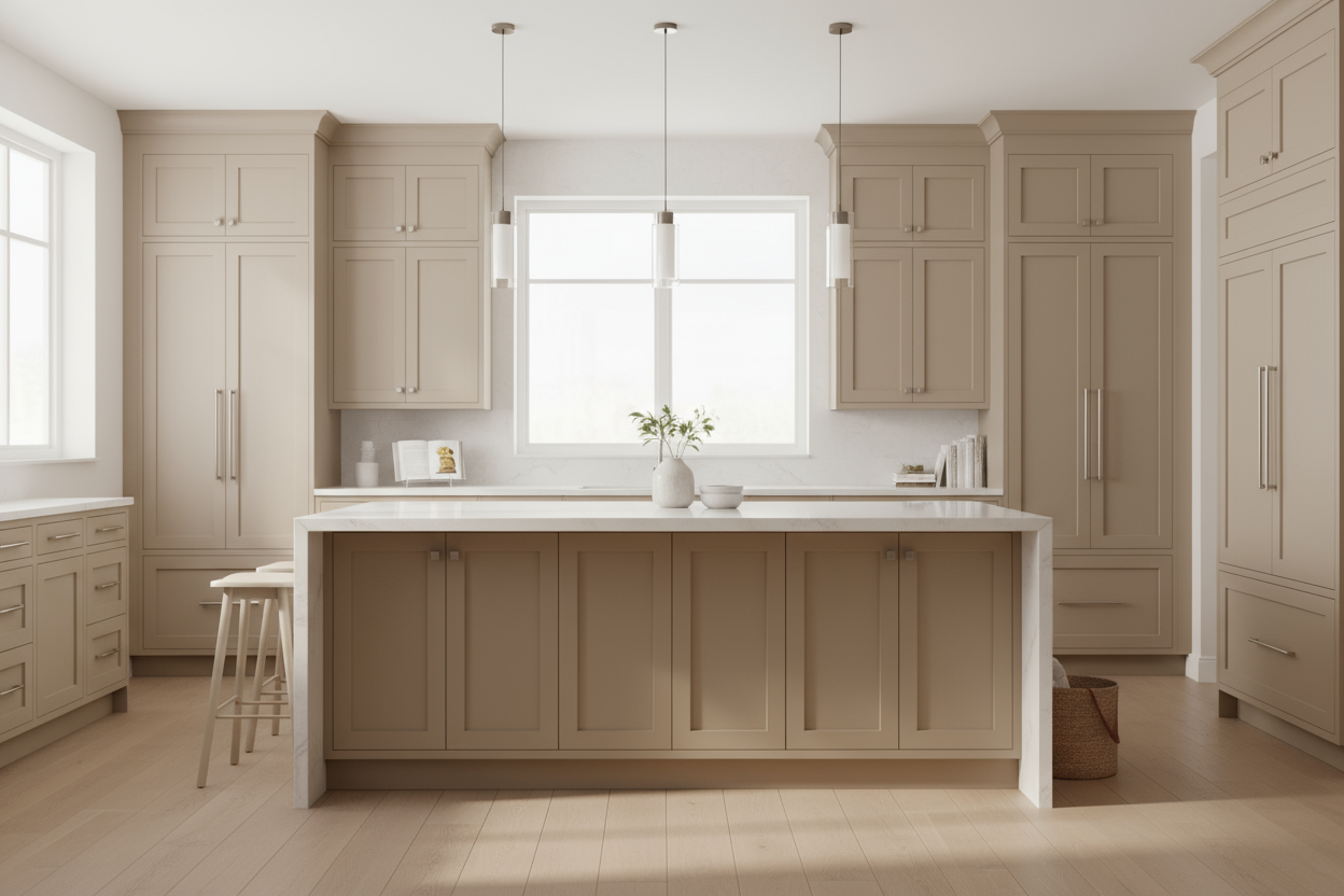 Transitional kitchen design with Sherwin-Williams Balanced Beige SW7037 cabinets