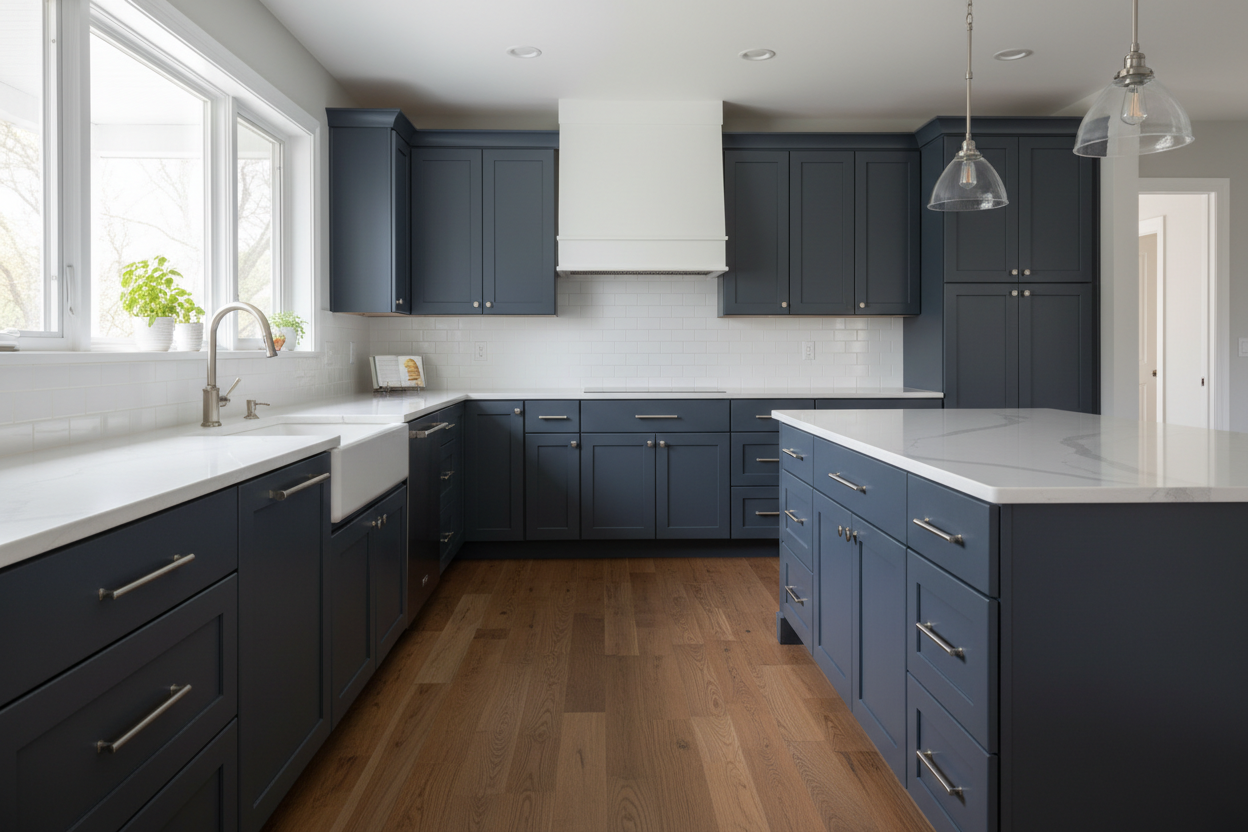 Transitional kitchen design with Sherwin-Williams Cyberspace SW 7076 cabinets