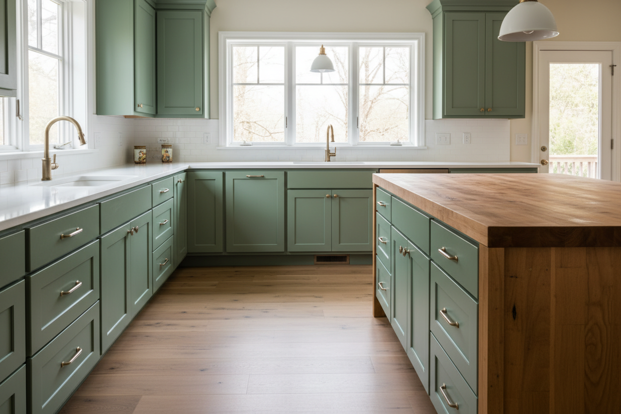 Shaker-style kitchen cabinets painted Sherwin-Williams® Dried Thyme (SW 6186); five-piece Shaker drawer fronts on every drawer (including top drawer); no slab drawers; white quartz countertops; butcher-block island; brushed-brass or brushed-nickel hardware; white-oak floors; warm natural daylight; 8k photorealistic.
