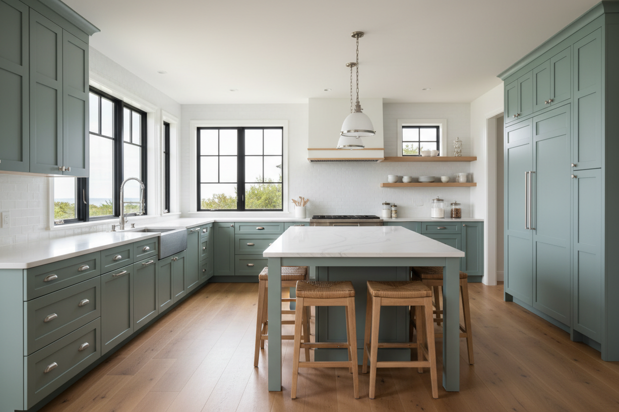 Sherwin-Williams Oyster Bay SW 6206 kitchen cabinets