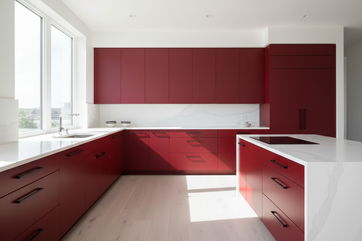 Transitional kitchen design with Sherwin-Williams Real Red SW6868 cabinets
