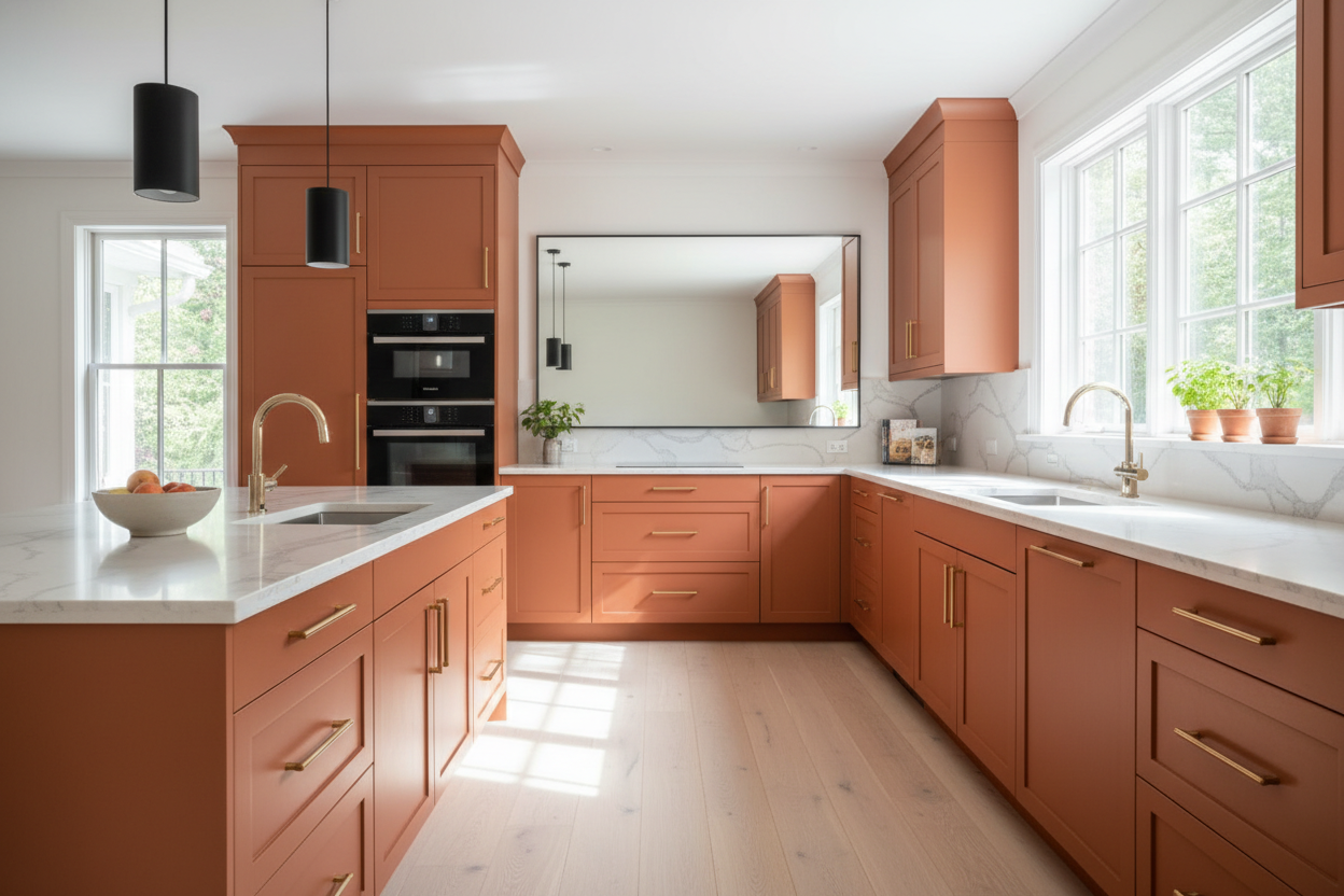 Transitional kitchen design with Sherwin-Williams Copper Harbor SW6634 cabinets