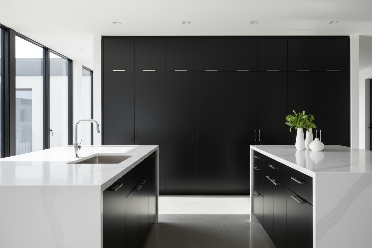 Transitional kitchen design with Sherwin-Williams Black Fox SW7020 cabinets