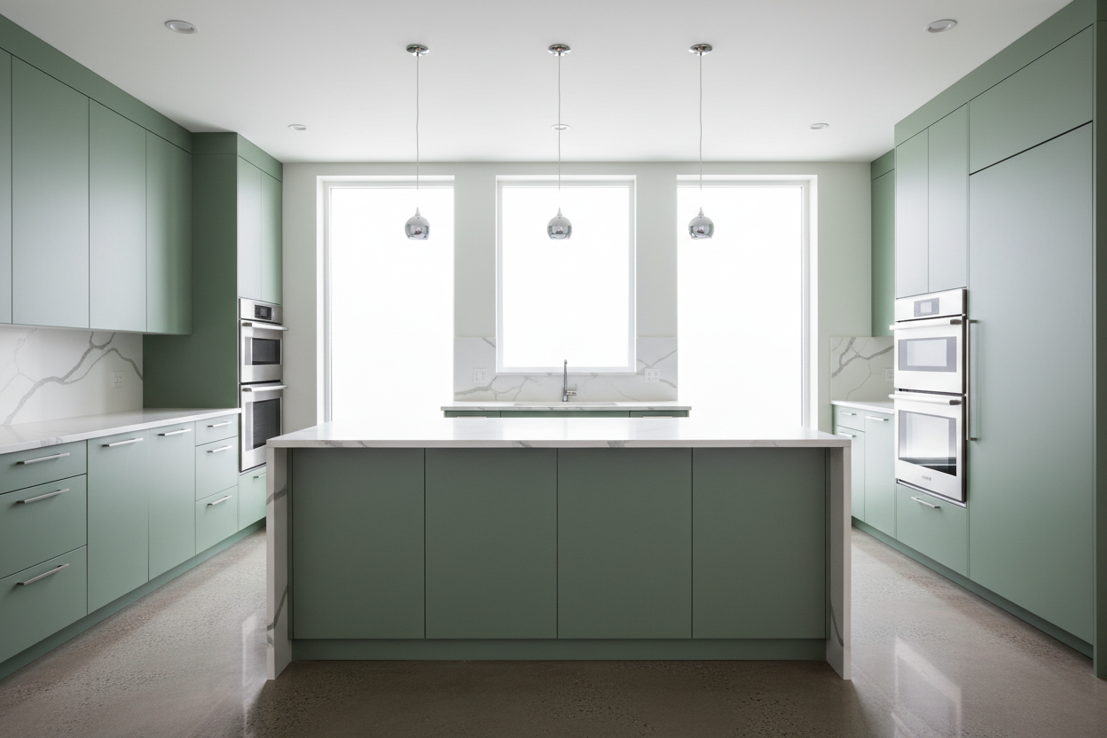 Transitional kitchen design with Sherwin-Williams Dried Thyme SW6186 cabinets