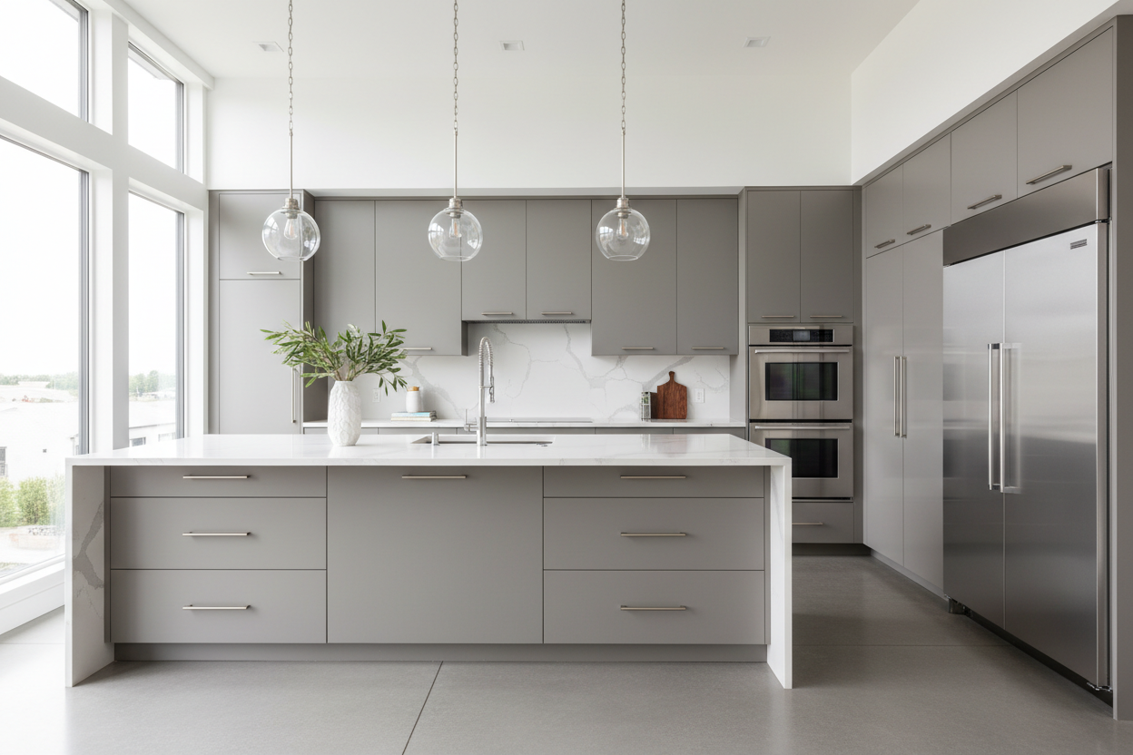 Transitional kitchen design with Sherwin-Williams Conservative Gray SW6183 cabinets