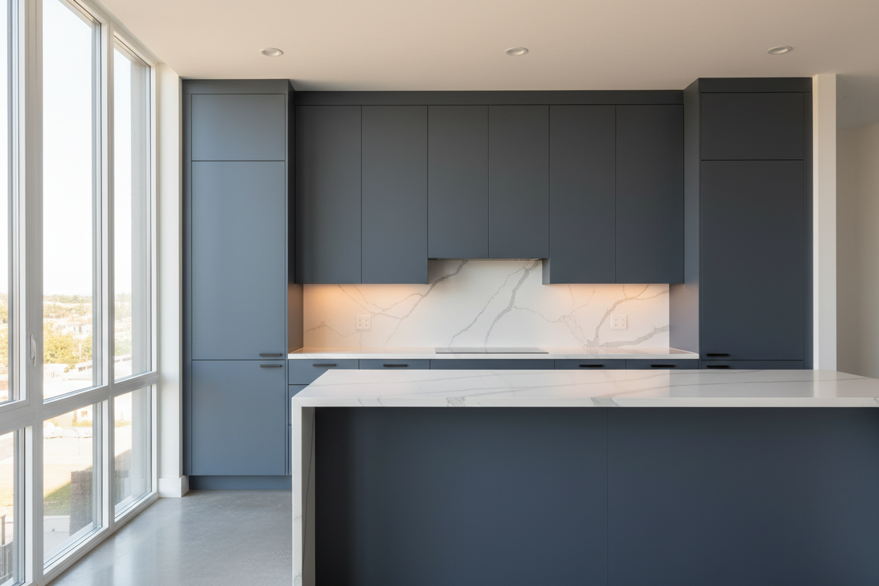 Transitional kitchen design with Sherwin-Williams Gale Force SW7605 cabinets