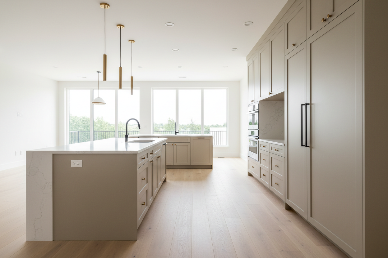 Transitional kitchen design with Sherwin-Williams City Loft SW7631 cabinets