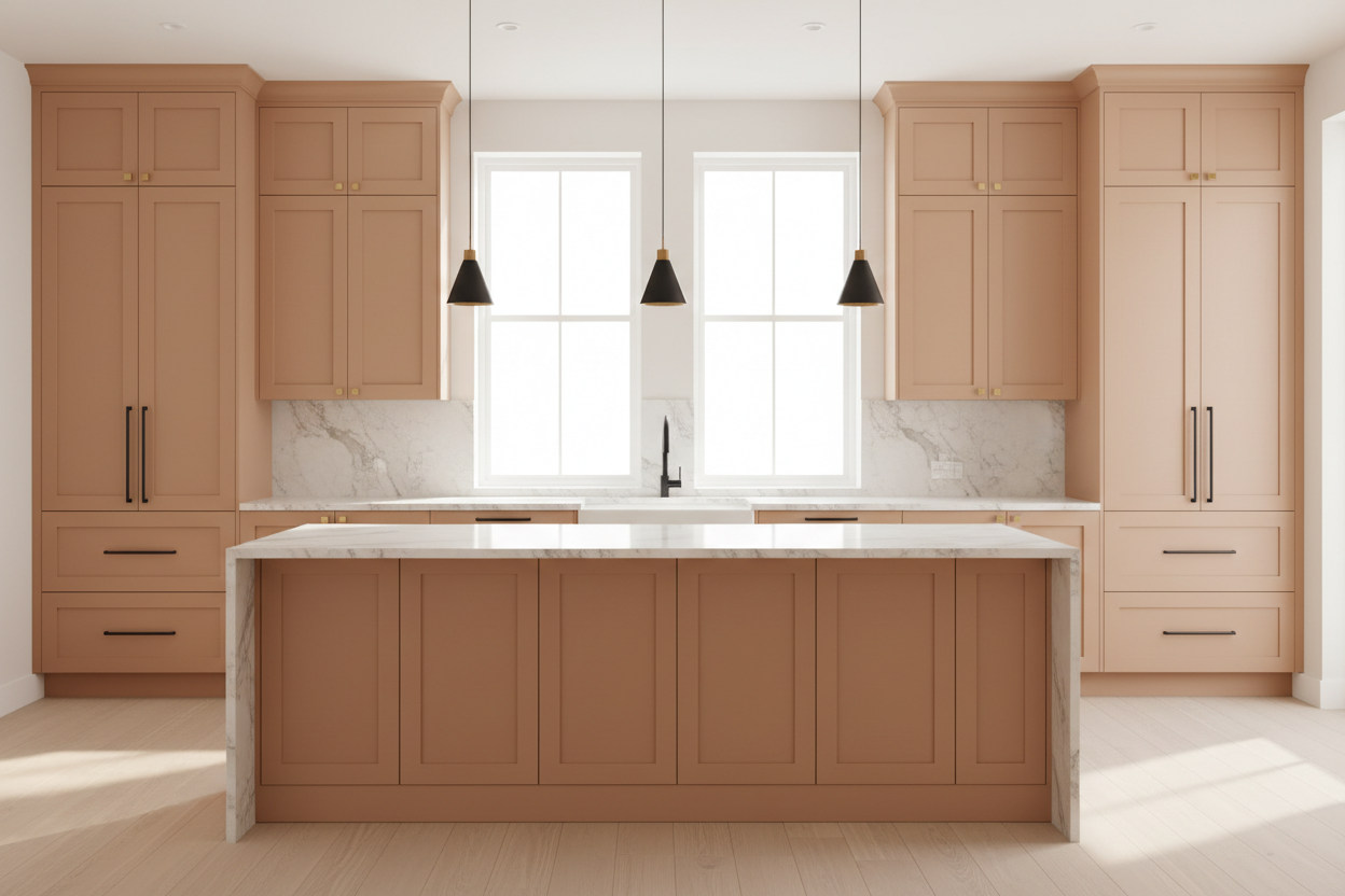 Transitional kitchen design with Sherwin-Williams Smoky Salmon SW6331 cabinets