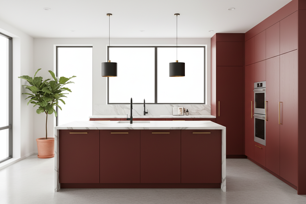 Transitional kitchen design with Sherwin-Williams Fireweed SW6328 cabinets