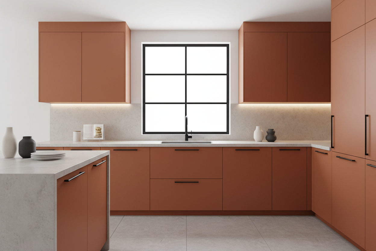 Transitional kitchen design with Sherwin-Williams Cavern Clay SW7701 cabinets