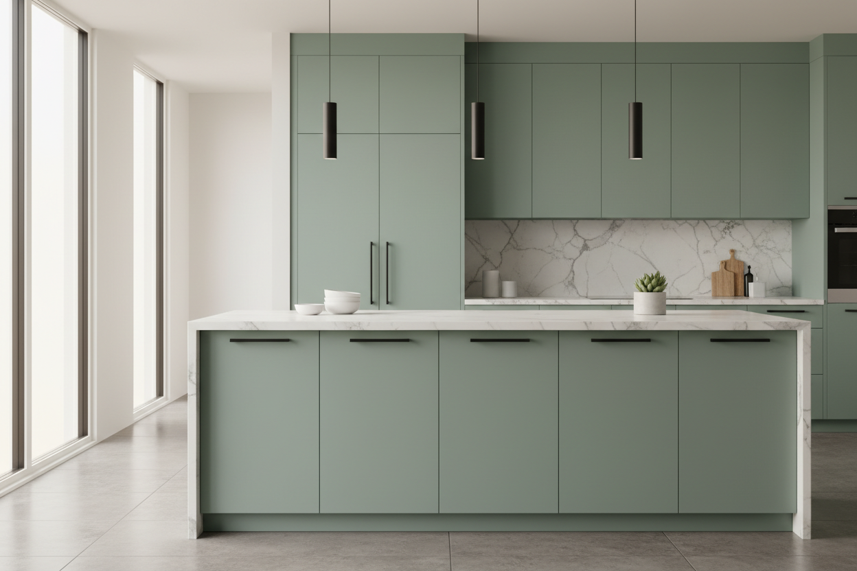 Slab modern cabinets painted Sherwin-Williams Quietude (SW 6212); flawless satin finish, seamless edges. Match Quietude precisely as a soft green-gray with subtle muted undertones. Avoid teal, aqua, or any blue-toned noise; lighting should be warm-neutral to prevent blue shift and maintain true hue. White quartz or marble counters, chrome or matte-black hardware, polished concrete or light-oak floors, natural bright daylight, 8k photorealistic rendering.