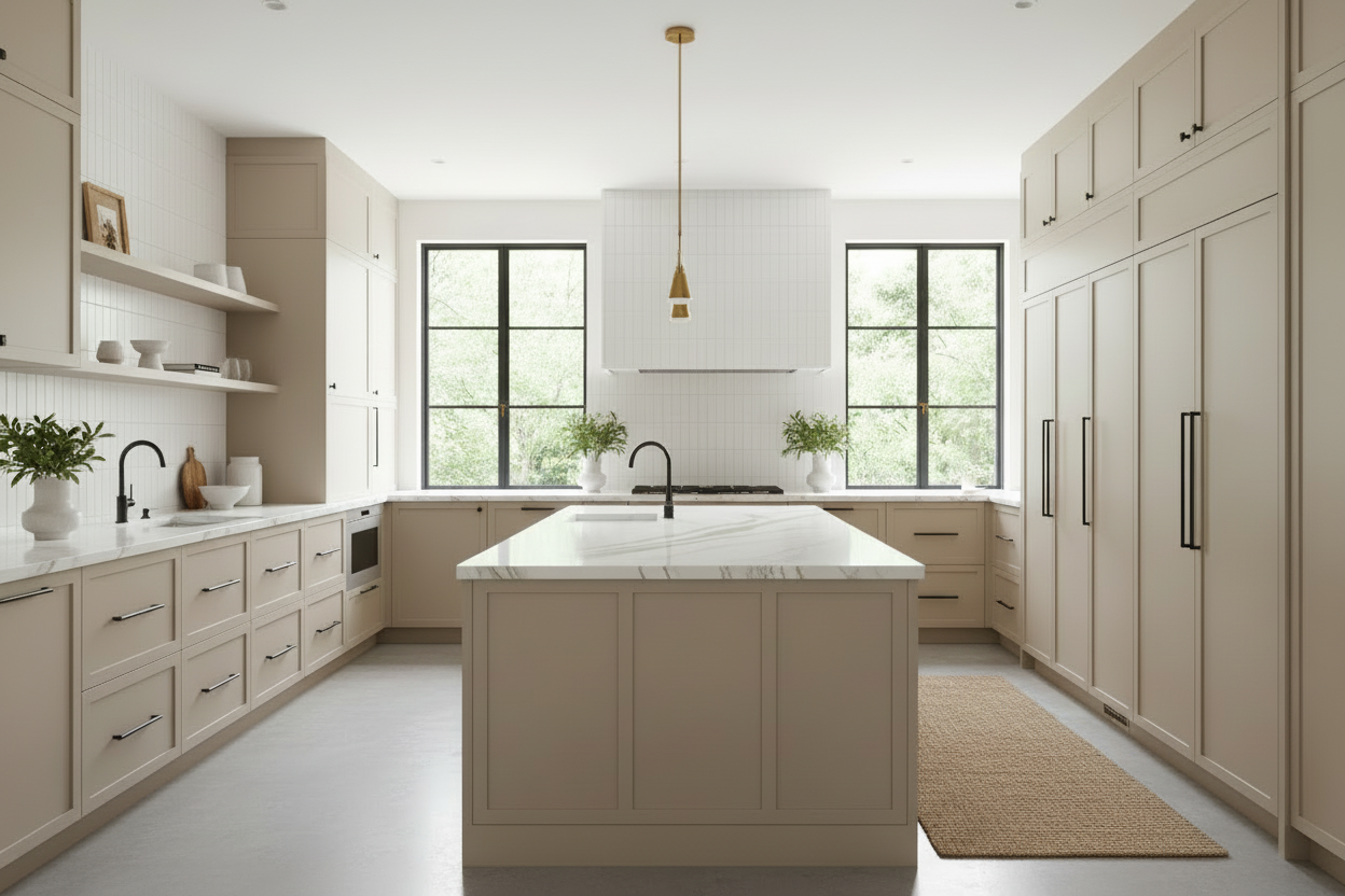 Transitional kitchen design with Sherwin-Williams Realist Beige SW6078 cabinets