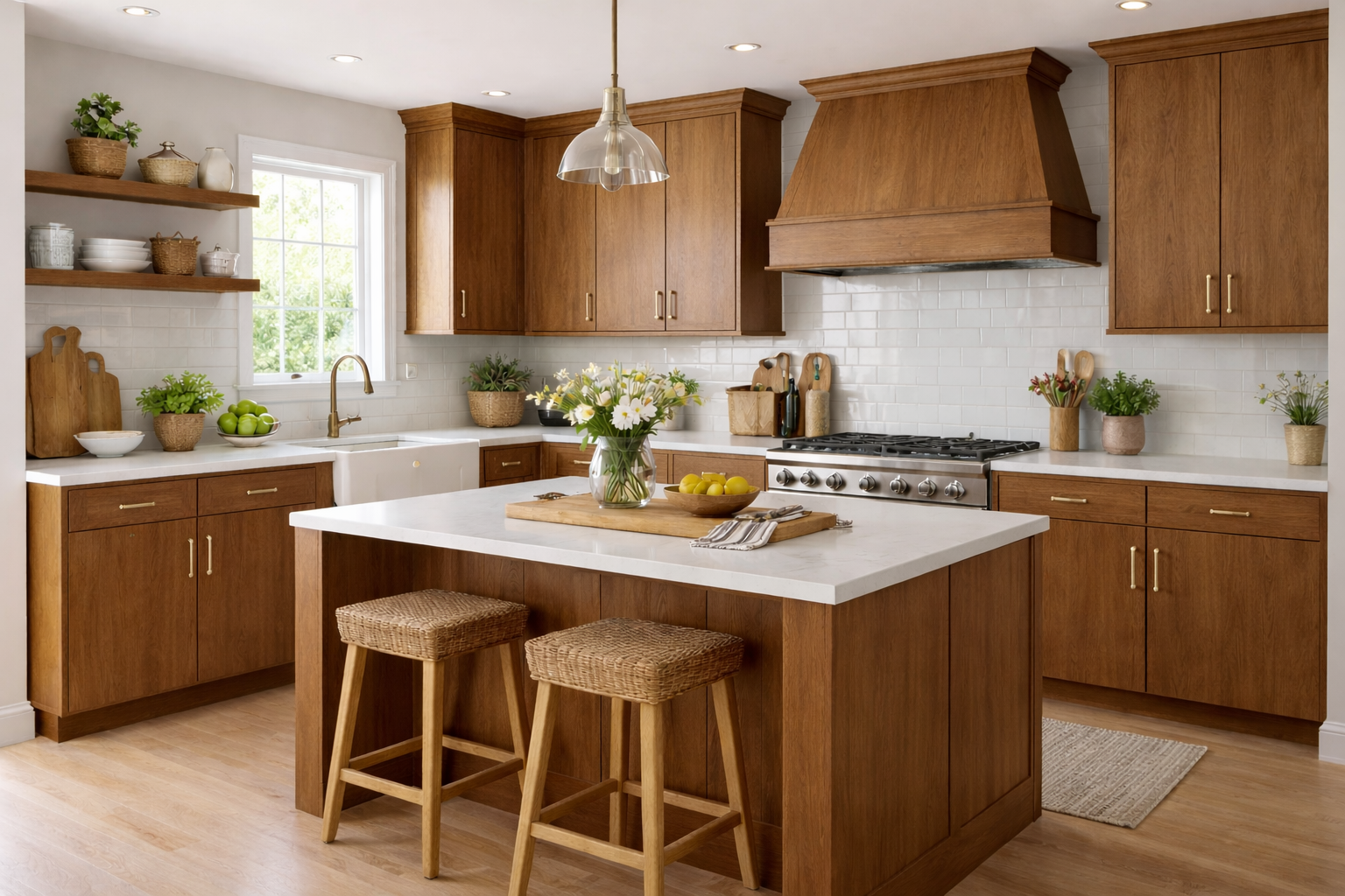 Transitional kitchen design with Sherwin-Williams Minwax Special Walnut Match  cabinets