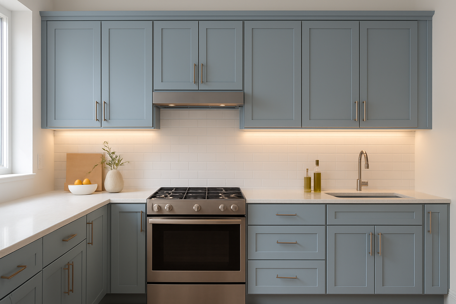 The image features a modern kitchen with Sherwin-Williams Upward cabinets painted in a soft blue-gray hue, complemented by under-cabinet LED lighting that enhances the calming atmosphere. The natural light reflects off the cabinets, creating a bright and inviting space perfect for cooking and gathering.