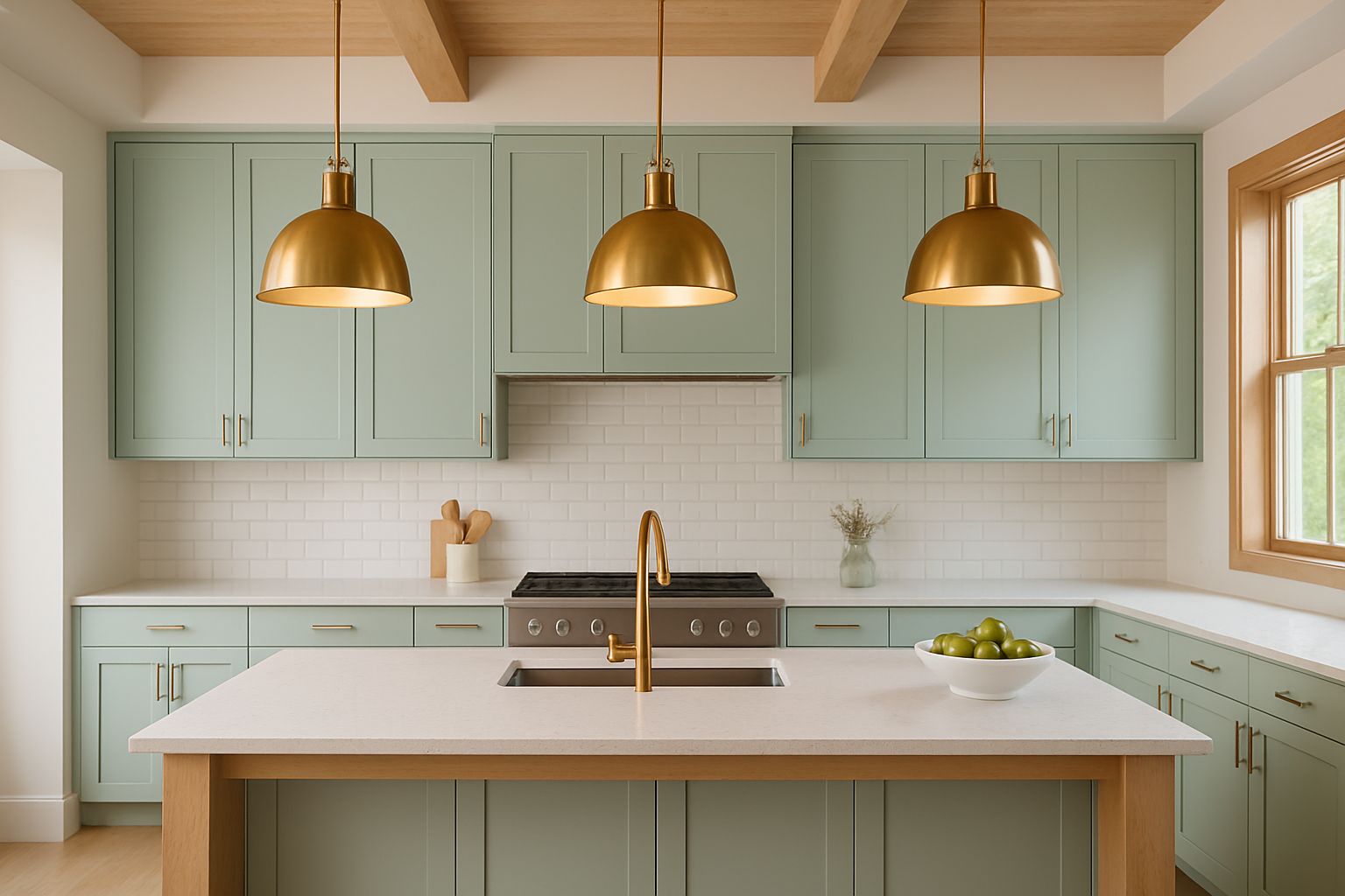 The image features stylish kitchen pendant lights with a warm brass finish hanging above sea salt cabinets with full overlay shaker cabinets that hide the face frame, enhancing the coastal vibe of the space. The full overlay doors means that none of the cabinet face is visible.  The soft green-gray tones of the cabinets, inspired by Sherwin Williams Sea Salt, complement the natural wood elements and create a bright, inviting atmosphere filled with both artificial and natural light.