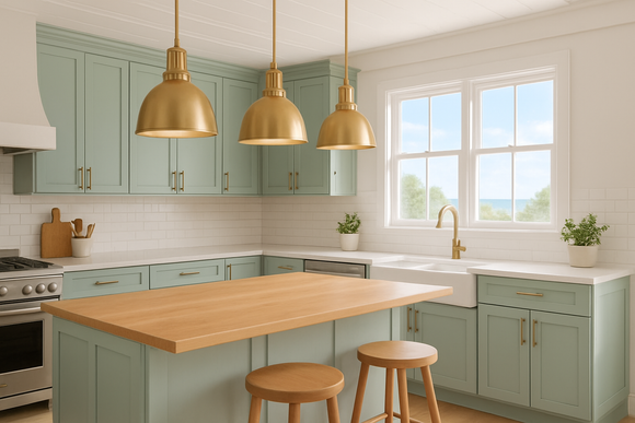 The image features stylish kitchen pendant lights with a warm brass finish hanging above sea salt cabinets with full overlay shaker cabinets that hide the face frame, enhancing the coastal vibe of the space. The full overlay doors means that none of the cabinet face is visible.  The soft green-gray tones of the cabinets, inspired by Sherwin Williams Sea Salt, complement the natural wood elements and create a bright, inviting atmosphere filled with both artificial and natural light.