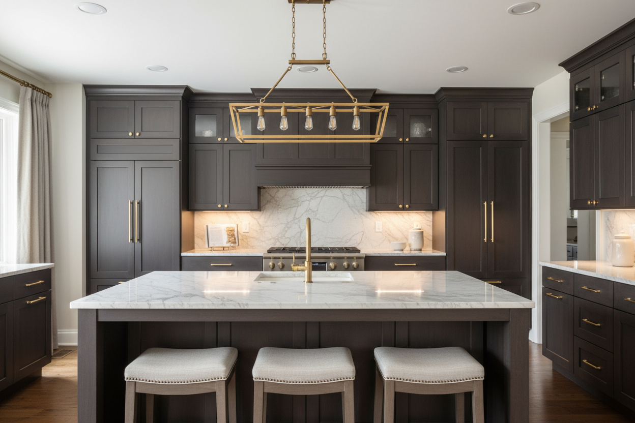 Transitional kitchen design with Sherwin-Williams Black Walnut SW 7020 cabinets