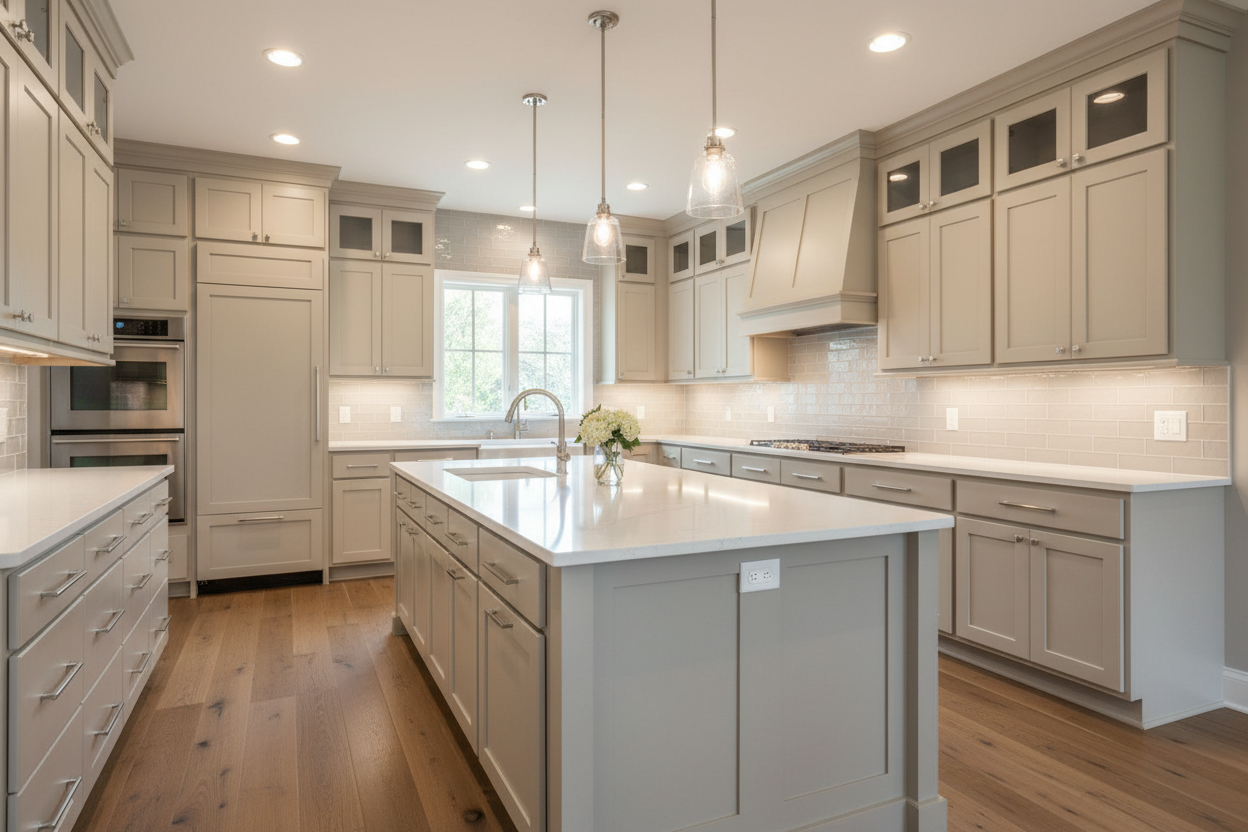 Transitional kitchen with frameless Shaker cabinets in Accessible Beige (SW 7036), white quartz countertops, polished nickel hardware, neutral tile backsplash, medium-tone wood floors, balanced warm lighting, refined and timeless design, no people, no logos.
