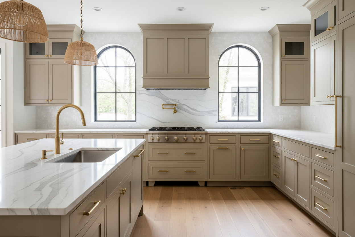 Transitional kitchen design with Sherwin-Williams Khaki Shade SW 7533 cabinets