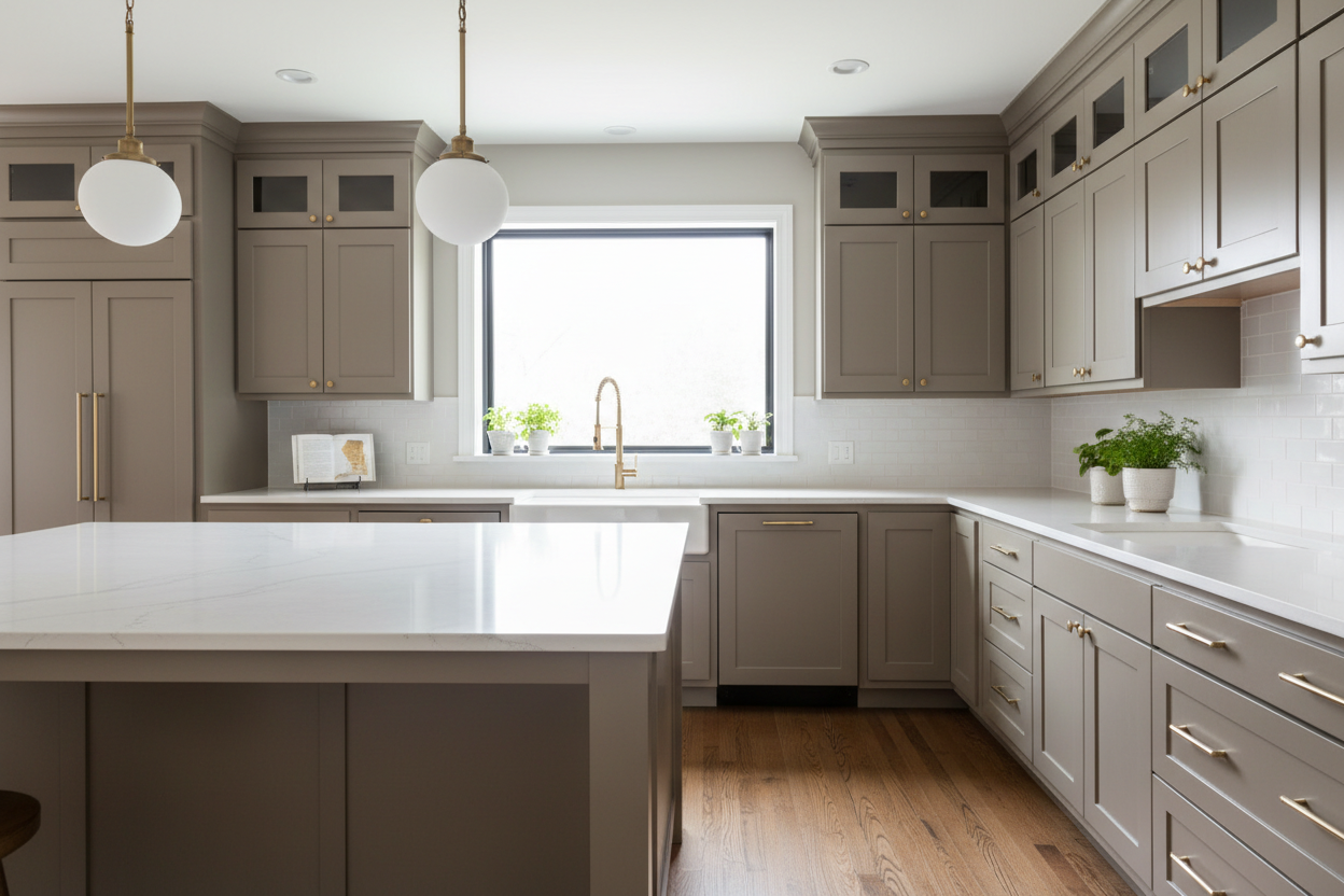 Transitional kitchen design with Sherwin-Williams Mushroom SW 9587 cabinets
