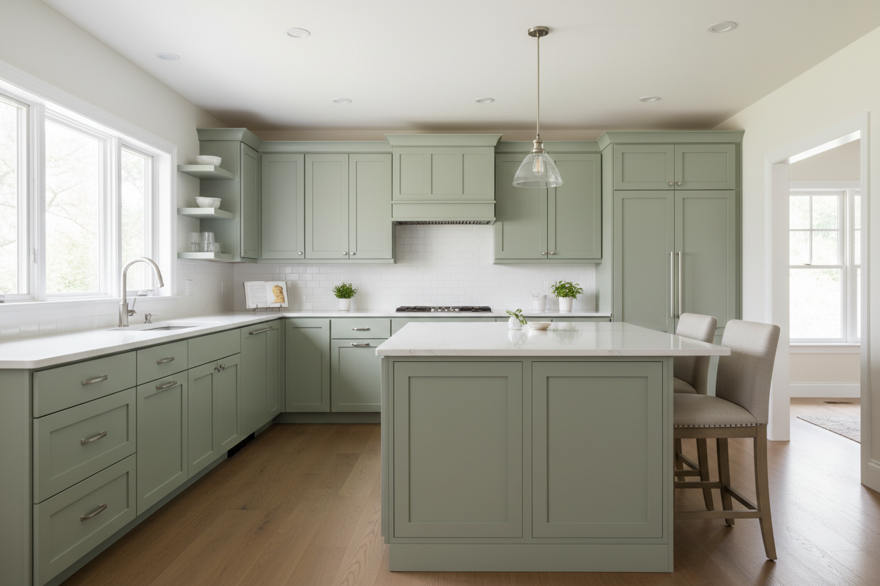 Sherwin-Williams Saybrook Sage SW 6208 kitchen cabinets